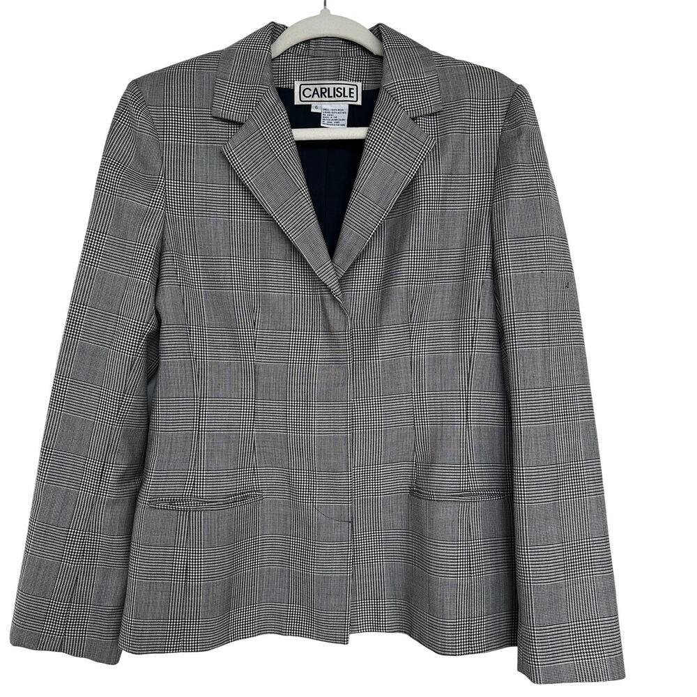 CARLISLE Women's Black and White Plaid Wool Blazer, Size 6, Pre-Loved